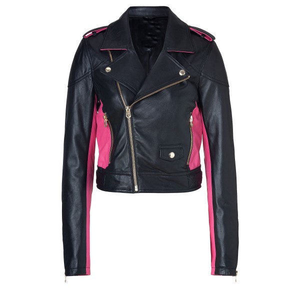Pitch Black/Magenta Leather Moto Jacket